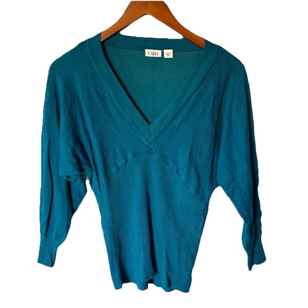 Women's Cato Teal 3/4 Sleeve Sweater Top Blouse V Neck Size L Stretch Layer